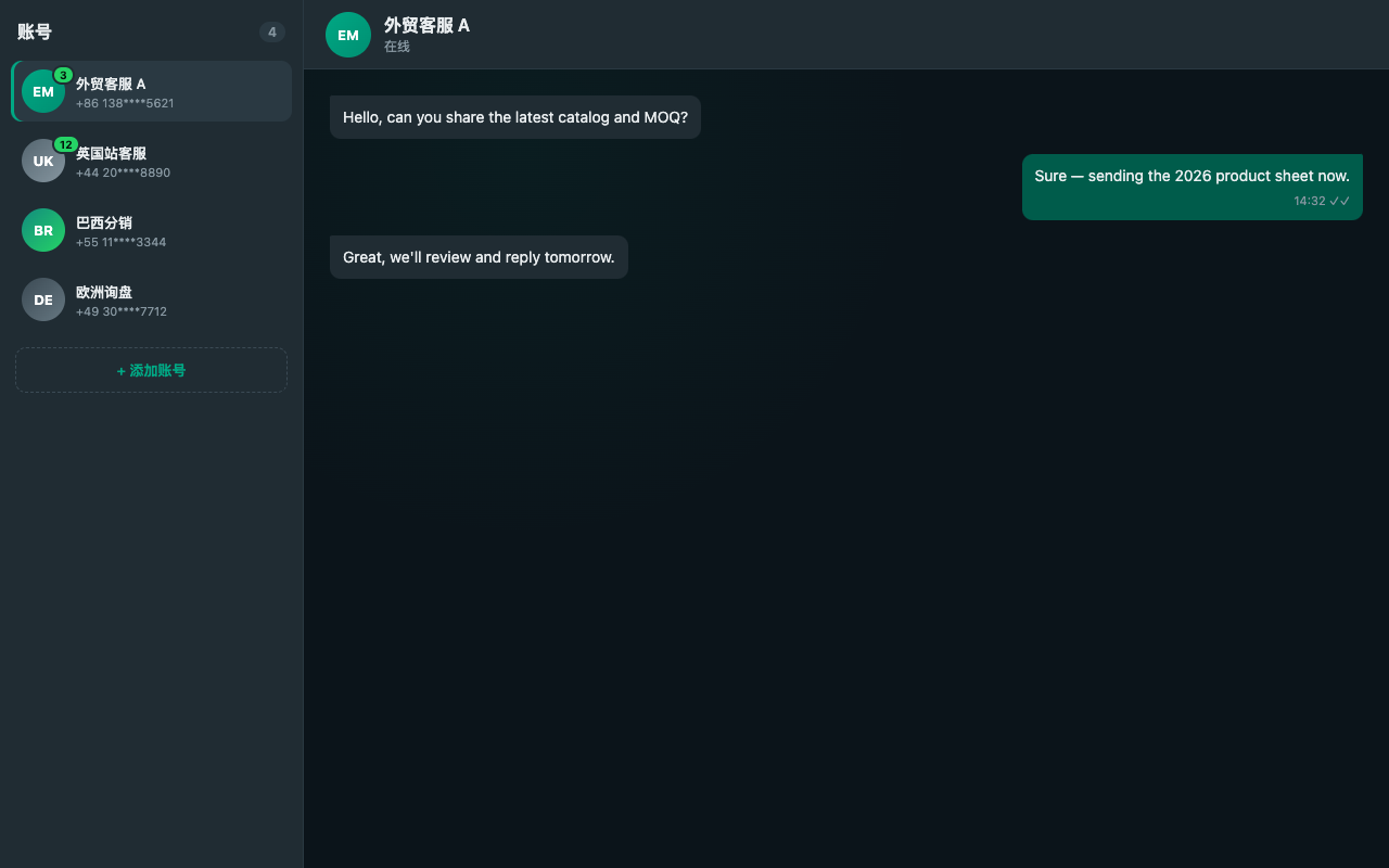 ChatInDock 多账号 WhatsApp 管理界面